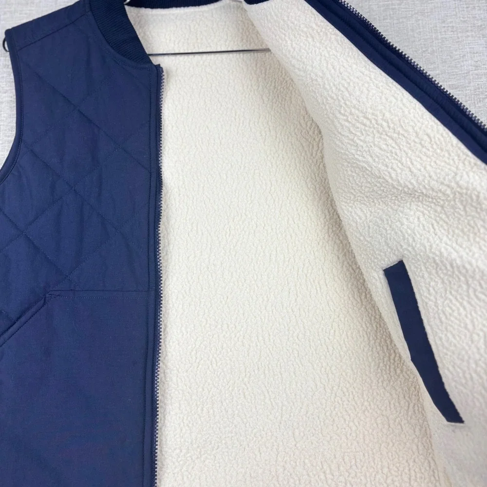 The North Face Mens Quilted Sherpa Lined Bomber Vest Navy Blue Full Zip